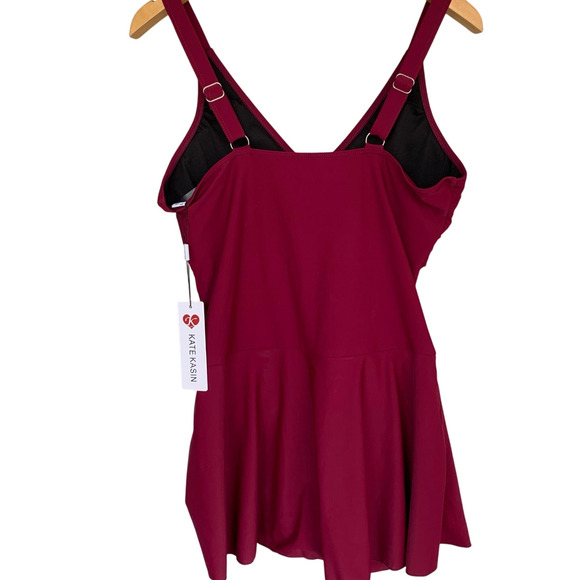 Kate Kasin Swim Dress NWT Women's Large Ruched Burgundy V-Neck Wide Strap - Picture 2 of 6